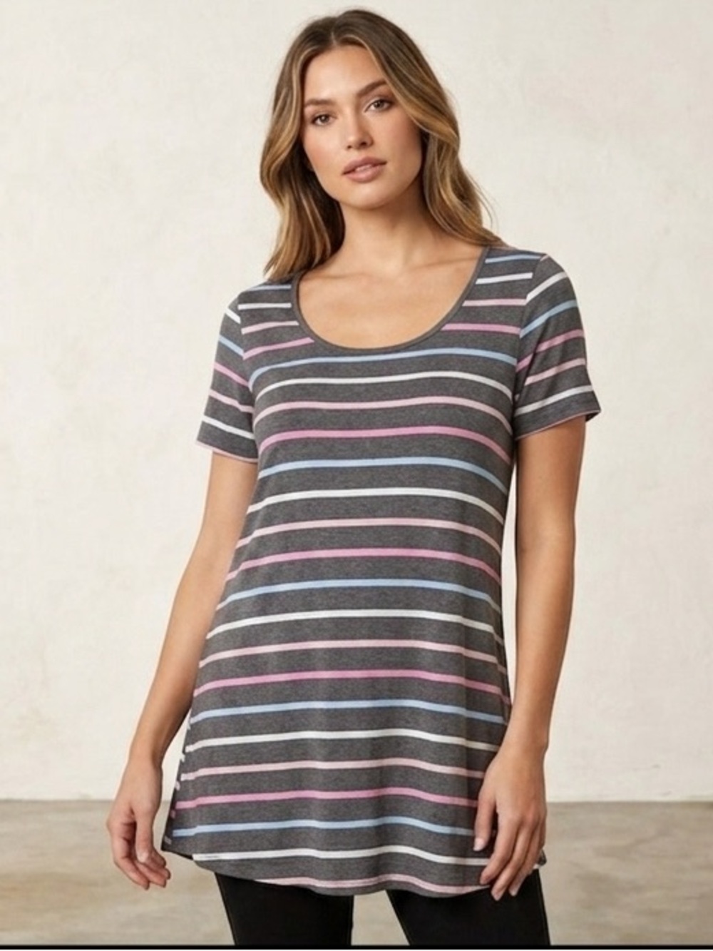 LuLaRoe Gray  Pink White Striped Short Sleeve Tee Size XXS
